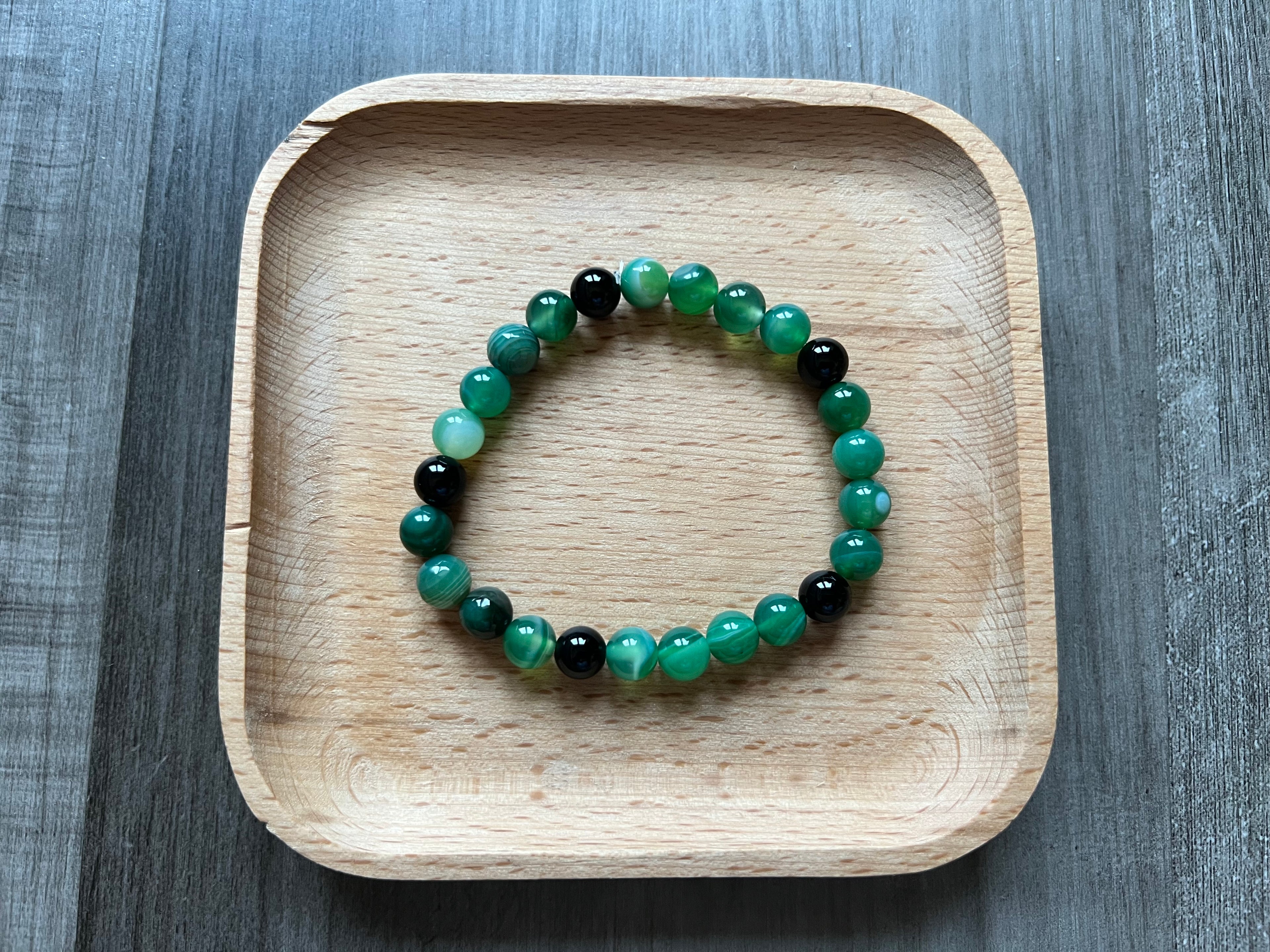 Green Striped Agate & Black Agate Bracelet - 8 mm