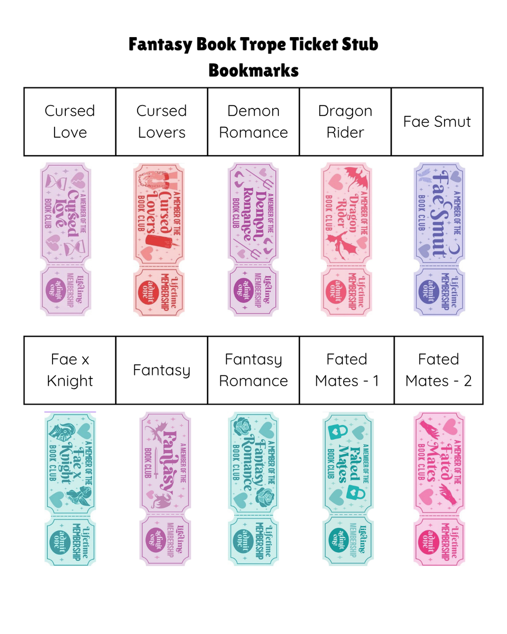 Fantasy Book Trope Ticket Stub Bookmarks