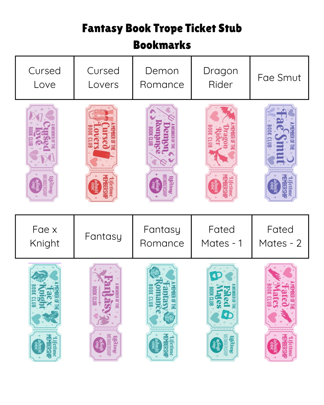 Fantasy Book Trope Ticket Stub Bookmarks