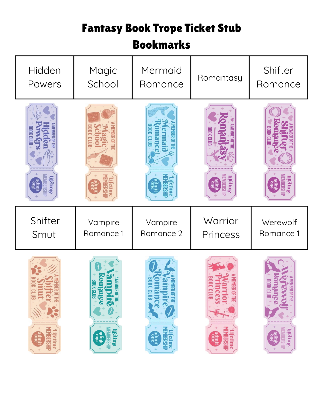 Fantasy Book Trope Ticket Stub Bookmarks