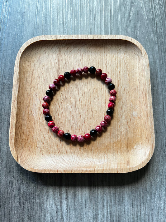 Scarlet Red Sea Sediment Jasper & Black Obsidian Bracelet - 6 mm