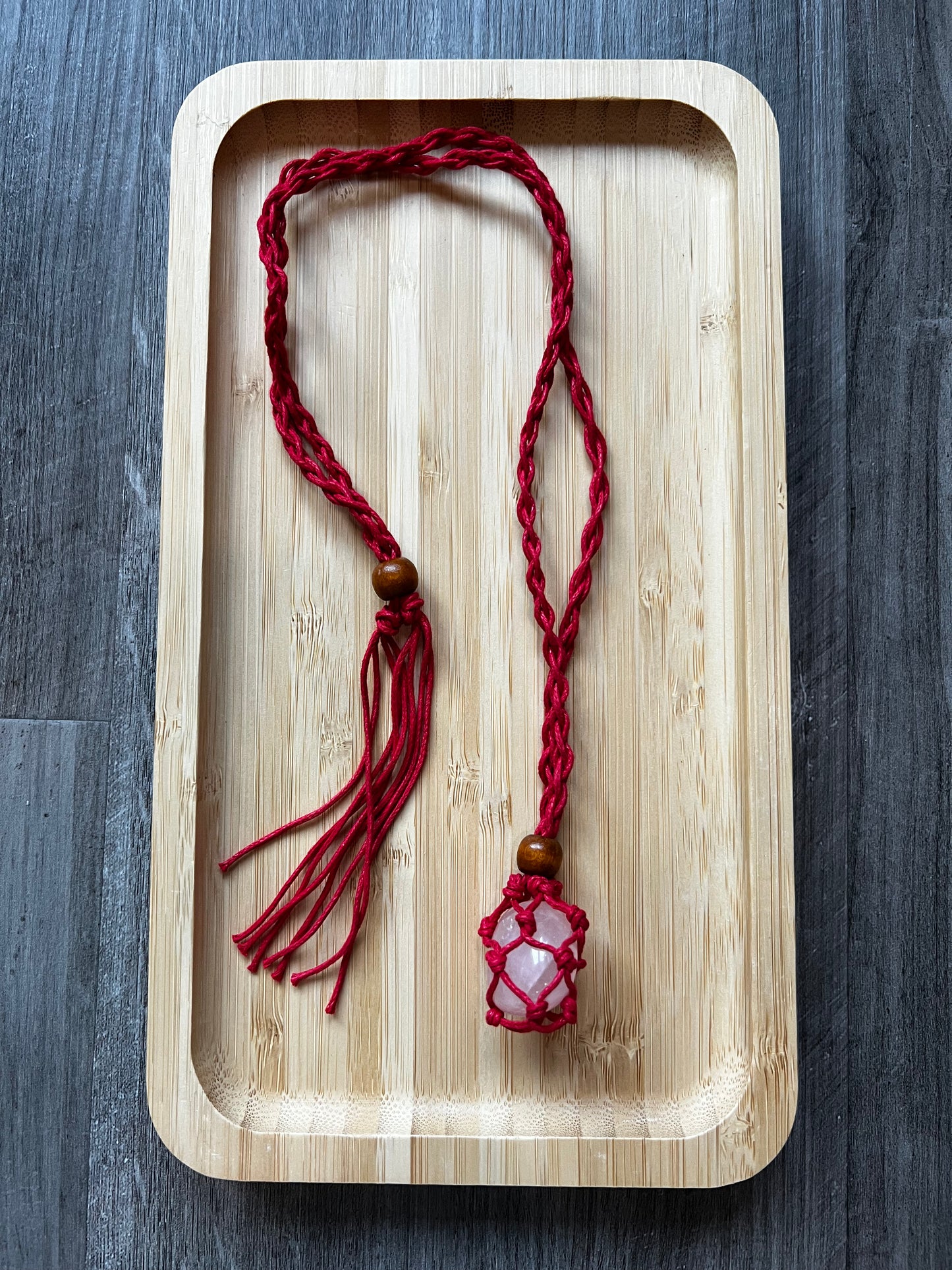 Red Hemp Necklace w/ Rose Quartz Stone