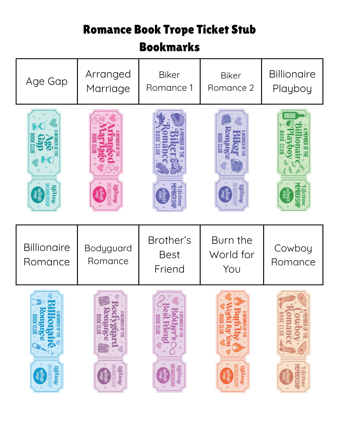 Romance Book Trope Ticket Stub Bookmarks