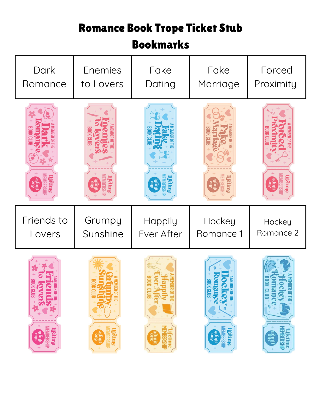 Romance Book Trope Ticket Stub Bookmarks