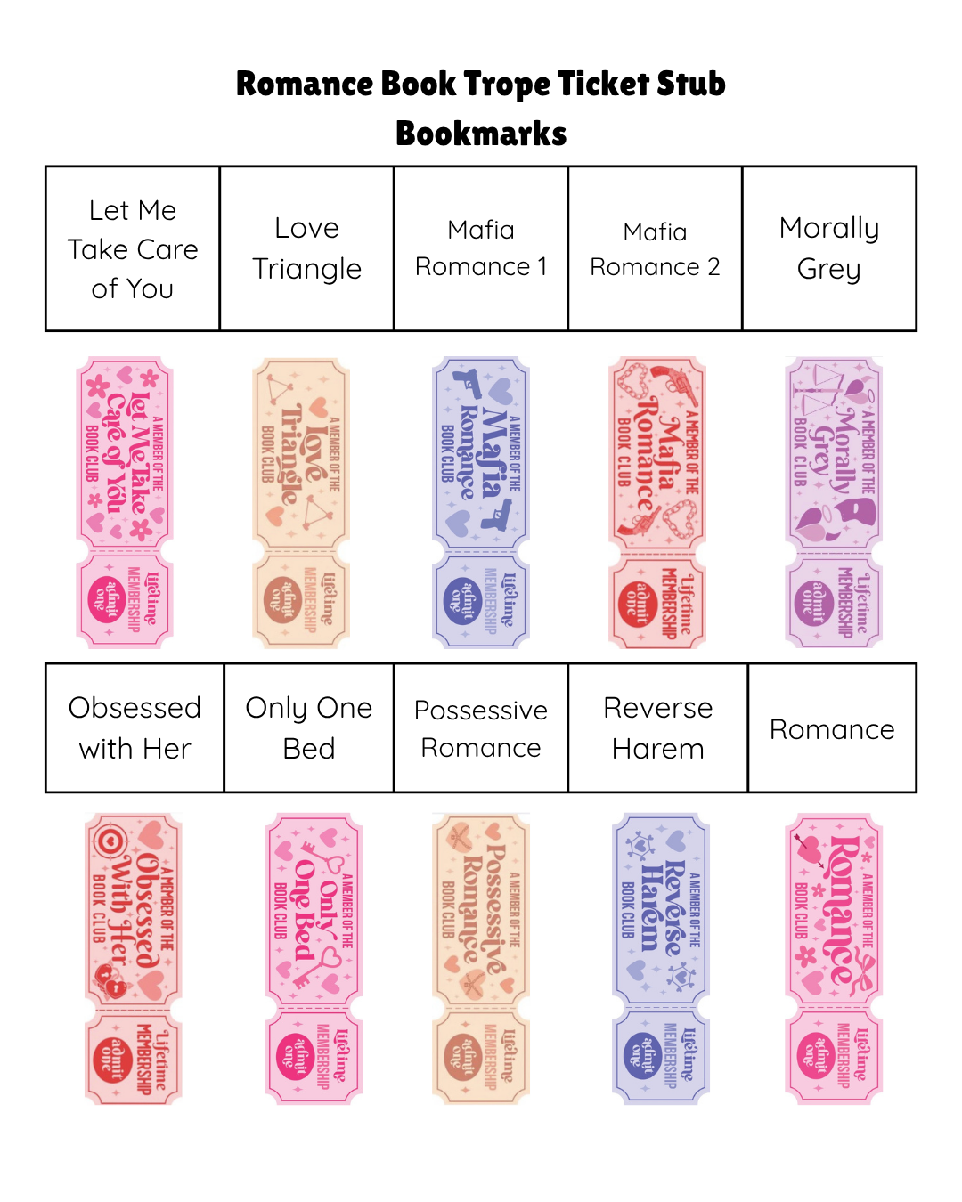 Romance Book Trope Ticket Stub Bookmarks