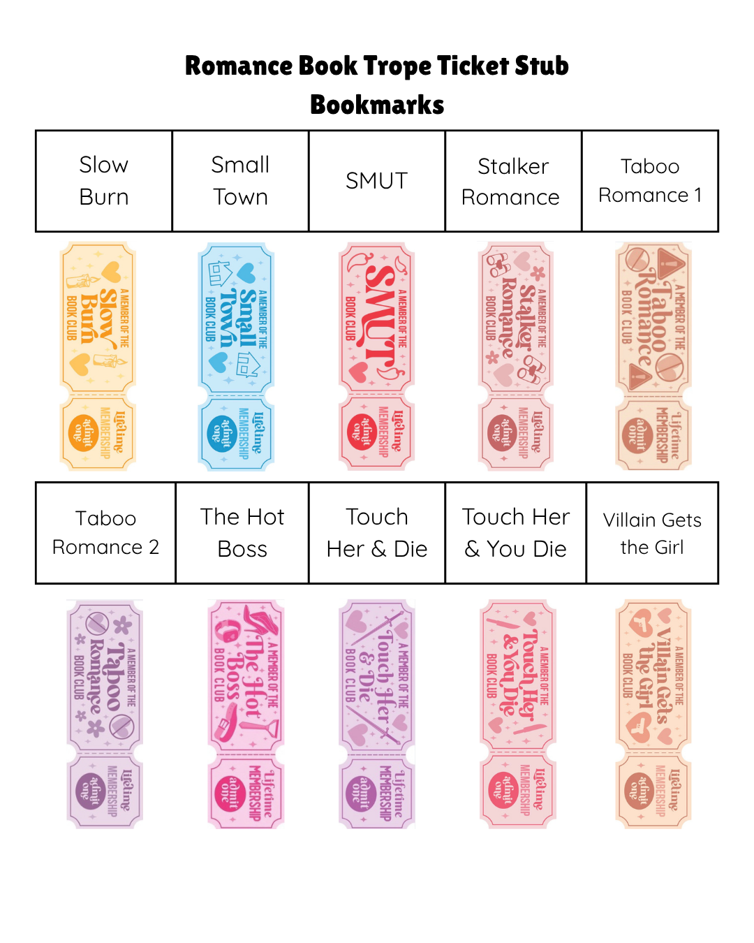 Romance Book Trope Ticket Stub Bookmarks