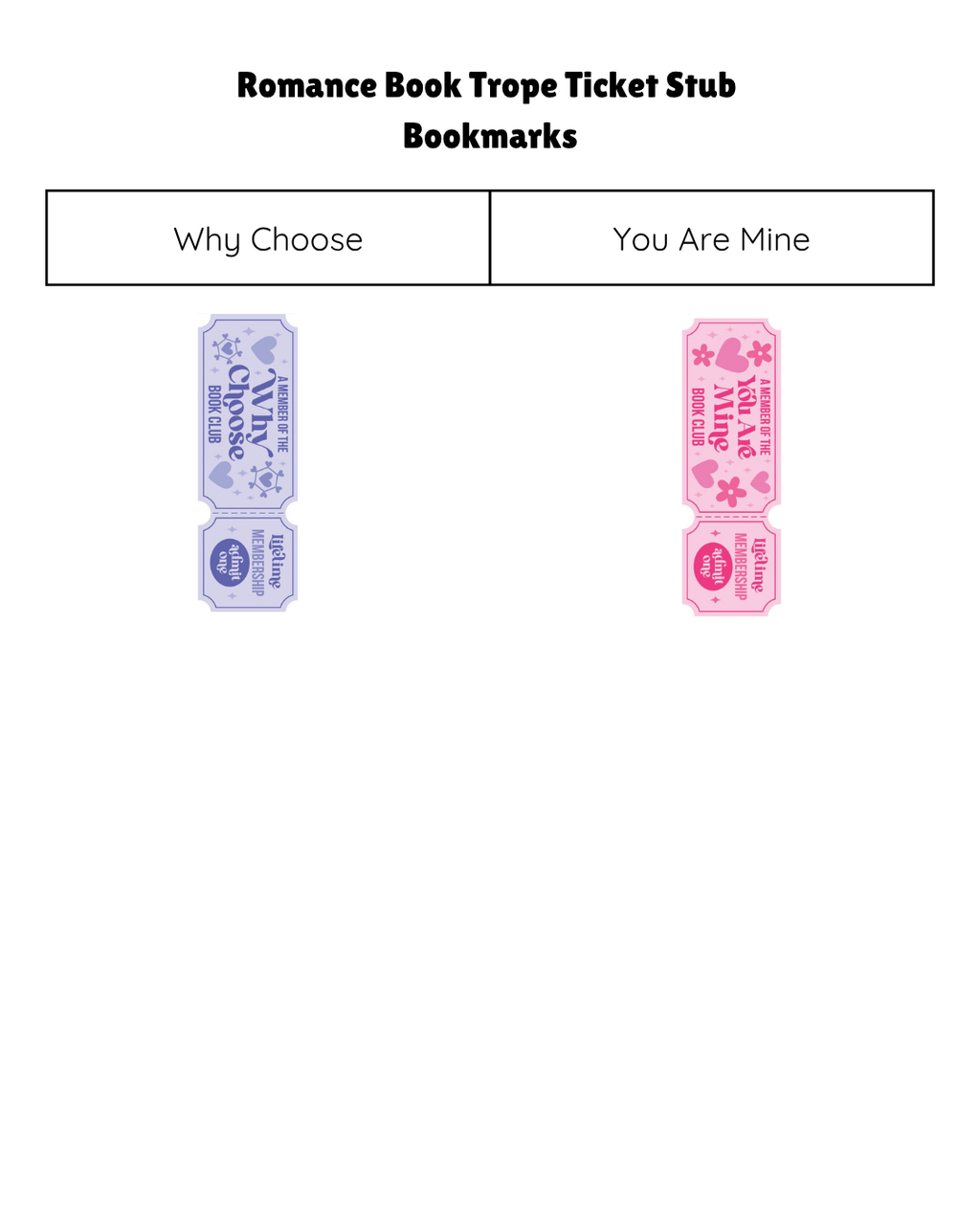 Romance Book Trope Ticket Stub Bookmarks
